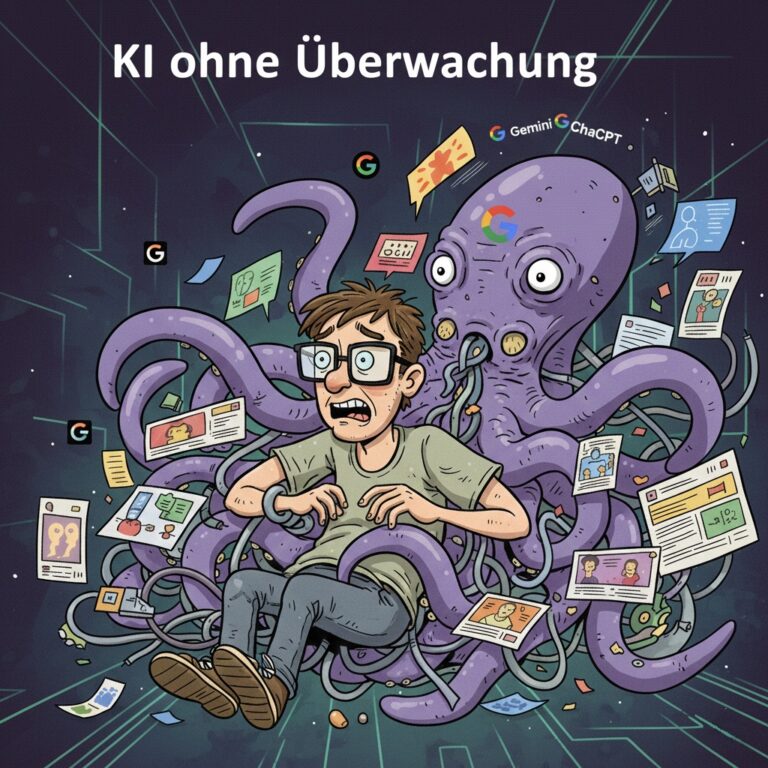 Illustration zum Thema Datenschutz bei KI: Eine Google-Krake umschlingt einen Nutzer. Text im Bild: KI ohne Überwachung
