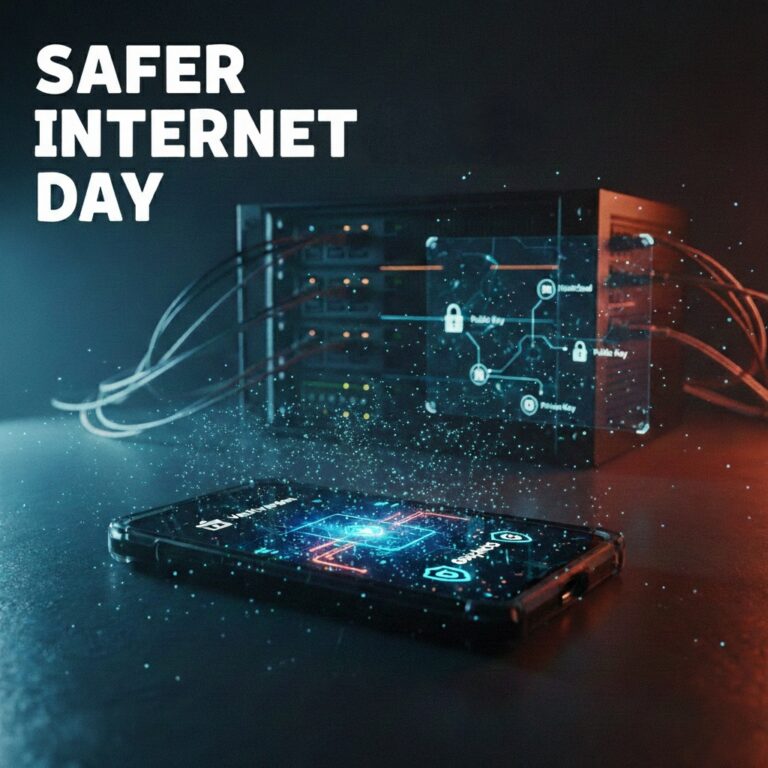 Illustration zum Safer Internet Day 2026: Ein Server-Rack mit leuchtenden LEDs und ein Smartphone, das Sicherheits-Symbole anzeigt, im modernen Comic-Stil