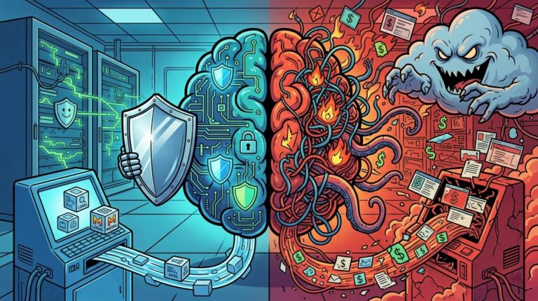 Symbolische Comic- und Pop-Art-Illustration: Ein zentrales Gehirn ist vertikal geteilt. Die linke Hälfte ist cool blau und souverän, mit leuchtenden Schilden, sicheren Datensperren und einem Terminal, das saubere Daten mit Miniatur-Icons für 'LOKAL' und 'MISTRAL' verarbeitet. Ein metallischer Schild wehrt die chaotische rechte Seite ab, die feurig rot und unmonitort ist, mit verworrenen Datenkraken-Tendakeln, unstrukturierten Screenshots und einem looming, greedy Cloud-Monster, das unmonitorte Daten in seine Vast Cloud zieht. Das Bild visualisiert den Kontrast zwischen lokaler digitaler Souveränität und unmonitortem Cloud-Datenzugriff.