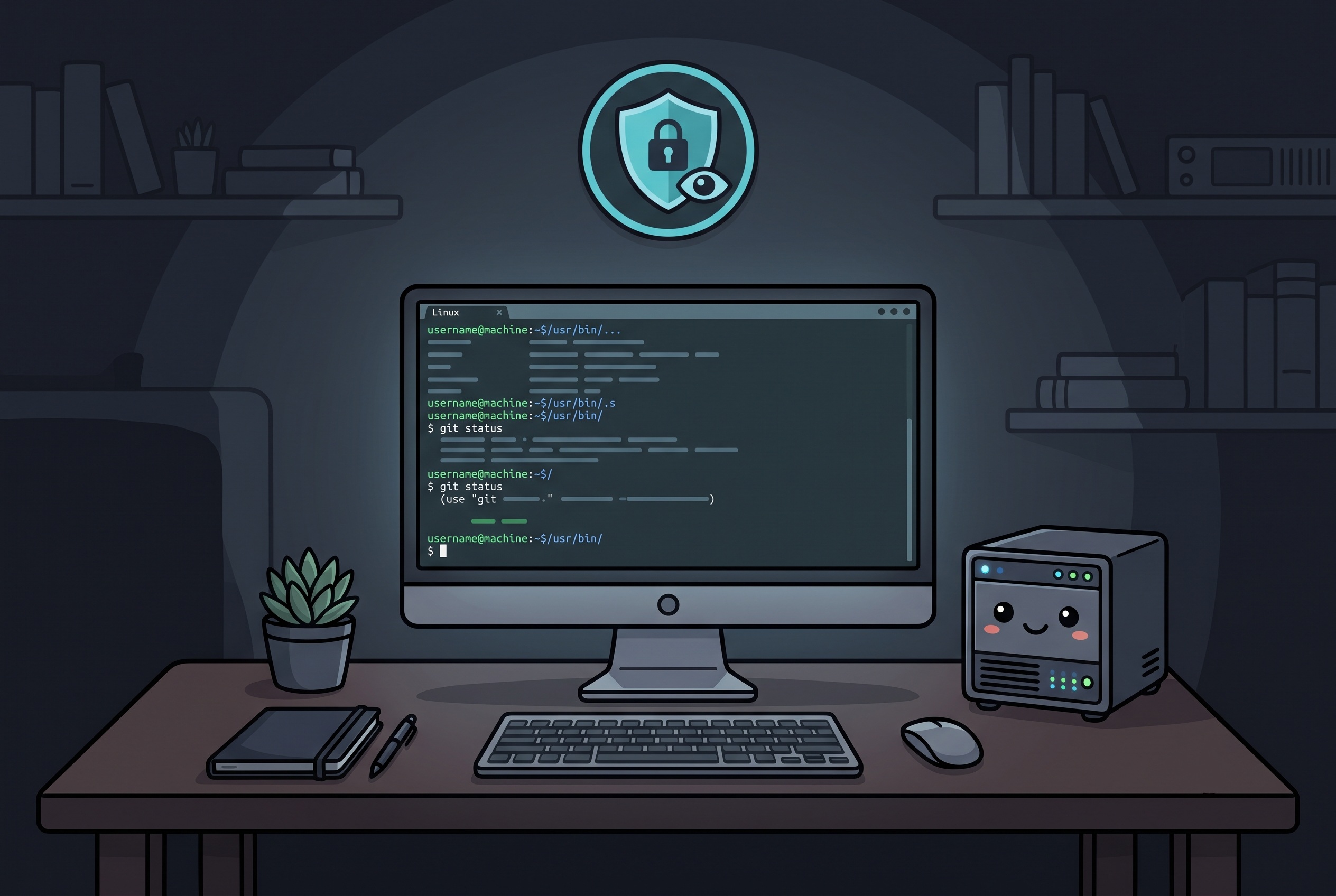 Dezente Comic-Illustration zum Thema Datenschutz und Self-Hosting: Ein IT-Arbeitsplatz mit Monitor, Terminal und Schutzschild im Comic-Stil.