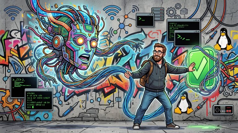 Illustration zum Thema Mensch vs. KI: Ein Mann behält die Kontrolle über ein aufdringliches KI-Werkzeug. Vor einer Betonwand mit Terminal- und Nerd-Graffiti