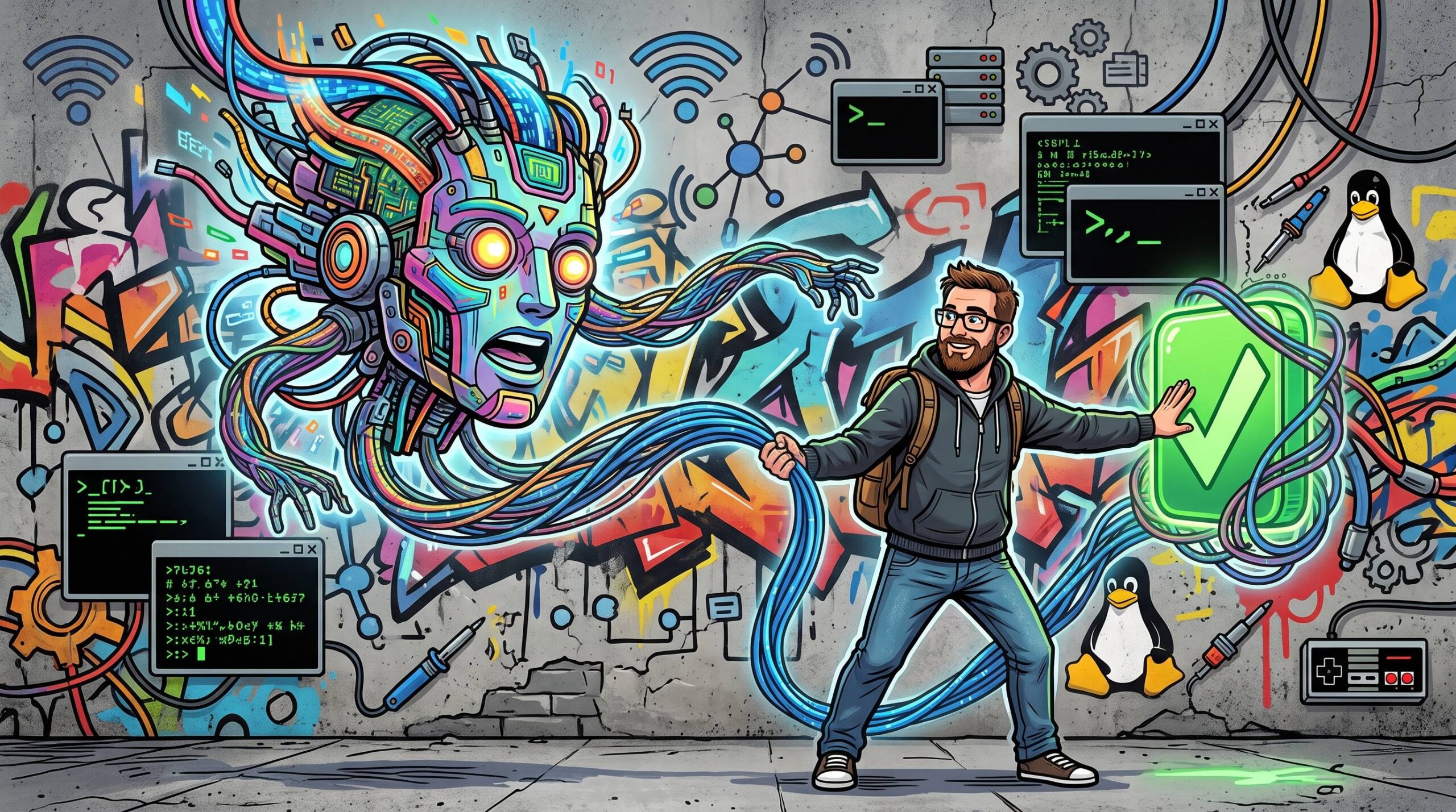 Illustration zum Thema Mensch vs. KI: Ein Mann behält die Kontrolle über ein aufdringliches KI-Werkzeug. Vor einer Betonwand mit Terminal- und Nerd-Graffiti