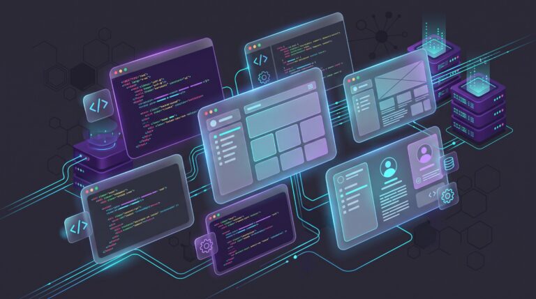 Moderne digitale Illustration zu Webentwicklung und Server-Hosting mit neonblauen UI-Karten, Code-Ausschnitten und vernetzten Server-Knoten.