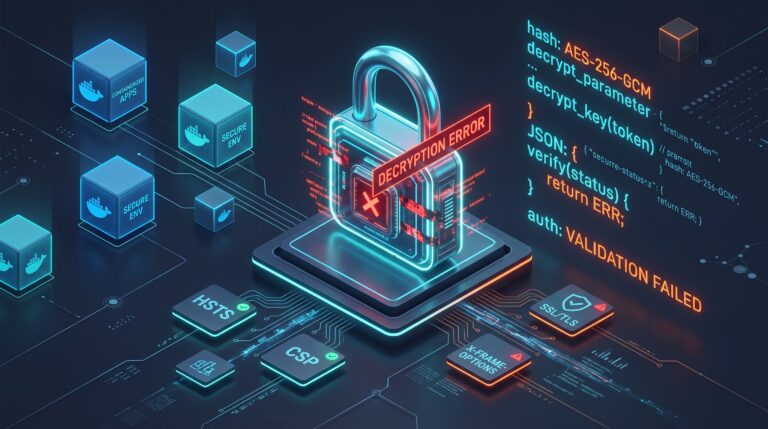 3D-Illustration eines digitalen Tresors mit einem leuchtenden Sicherheitsschloss, das einen Entschlüsselungsfehler anzeigt, umgeben von Docker-Containern und Code-Zeilen.