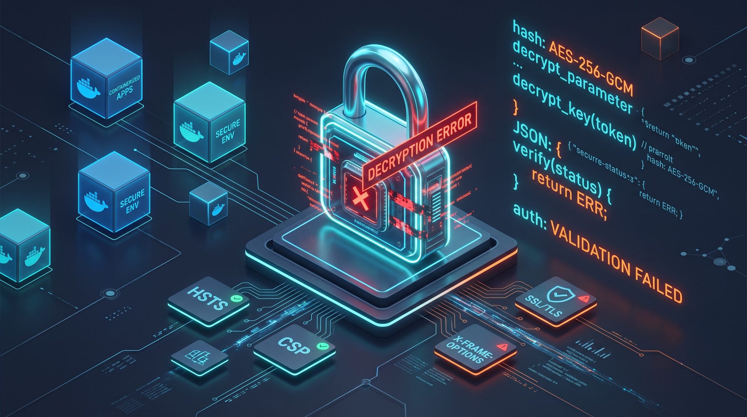 3D-Illustration eines digitalen Tresors mit einem leuchtenden Sicherheitsschloss, das einen Entschlüsselungsfehler anzeigt, umgeben von Docker-Containern und Code-Zeilen.
