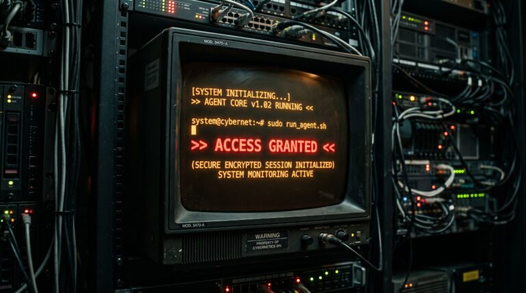 Nahaufnahme eines CRT-Monitors in einem dunklen Serverraum mit bernsteinfarbenem Terminal-Code, dem Befehl „sudo run_agent.sh“ und der roten Anzeige „ACCESS GRANTED“.