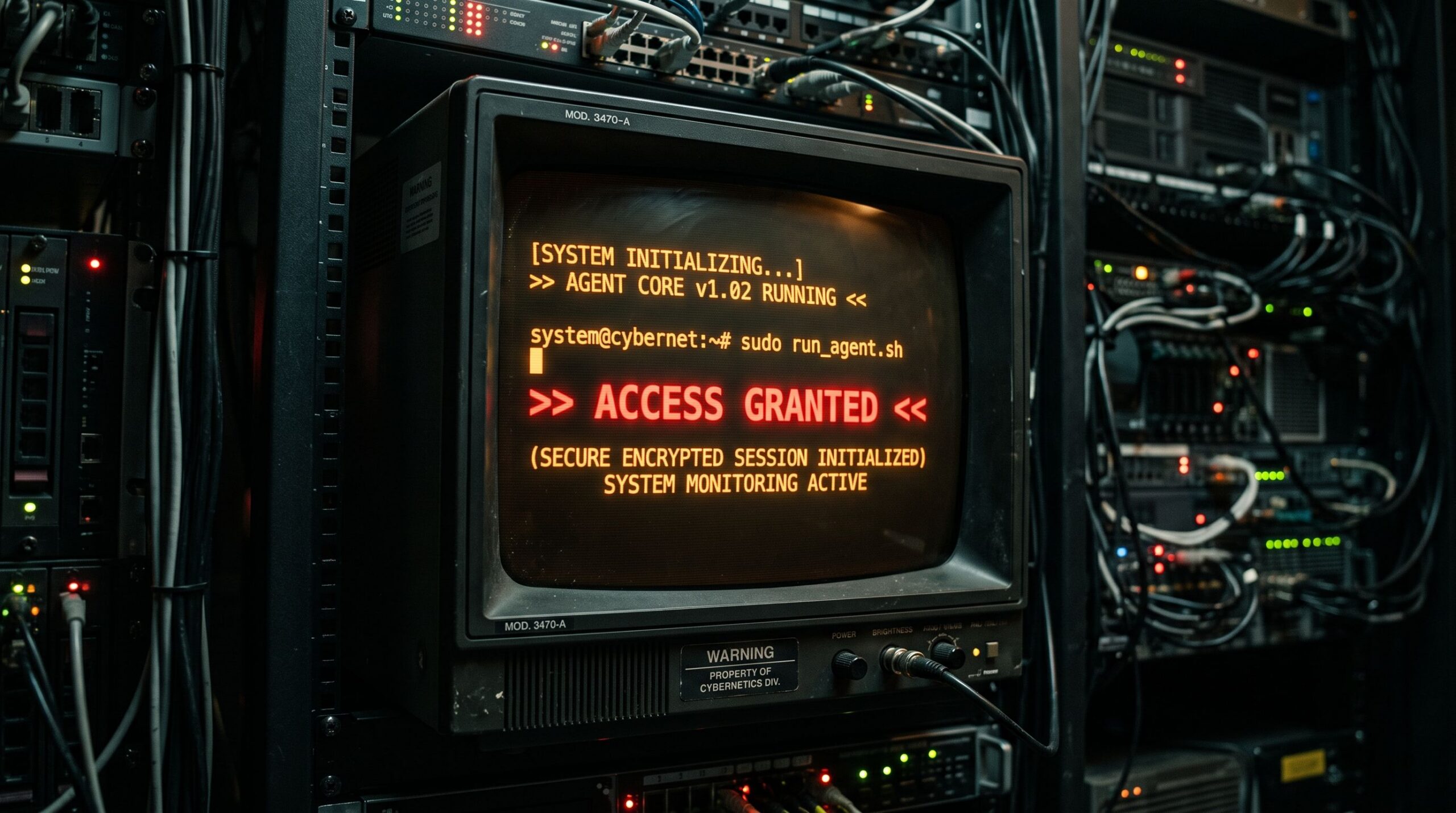 Nahaufnahme eines CRT-Monitors in einem dunklen Serverraum mit bernsteinfarbenem Terminal-Code, dem Befehl „sudo run_agent.sh“ und der roten Anzeige „ACCESS GRANTED“.