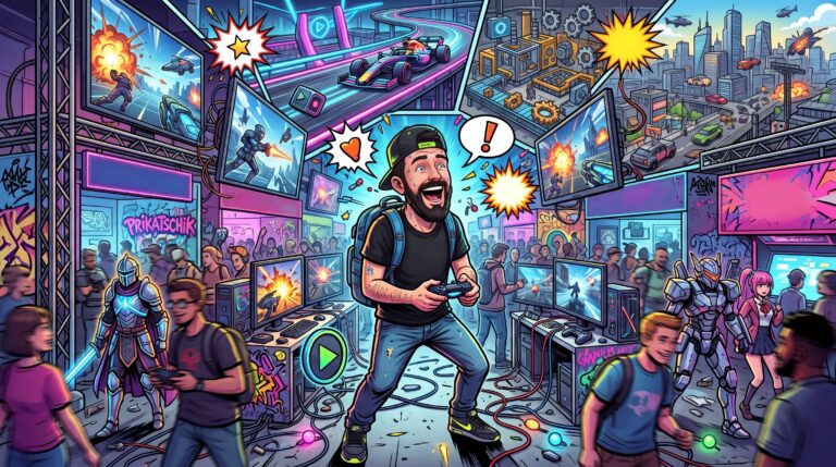 Comicartige Darstellung eines Gamers mitten im bunten und chaotischen Gamescom-Trubel mit Gaming-Hardware, Rennspiel- und Aufbauspiel-Anspielungen