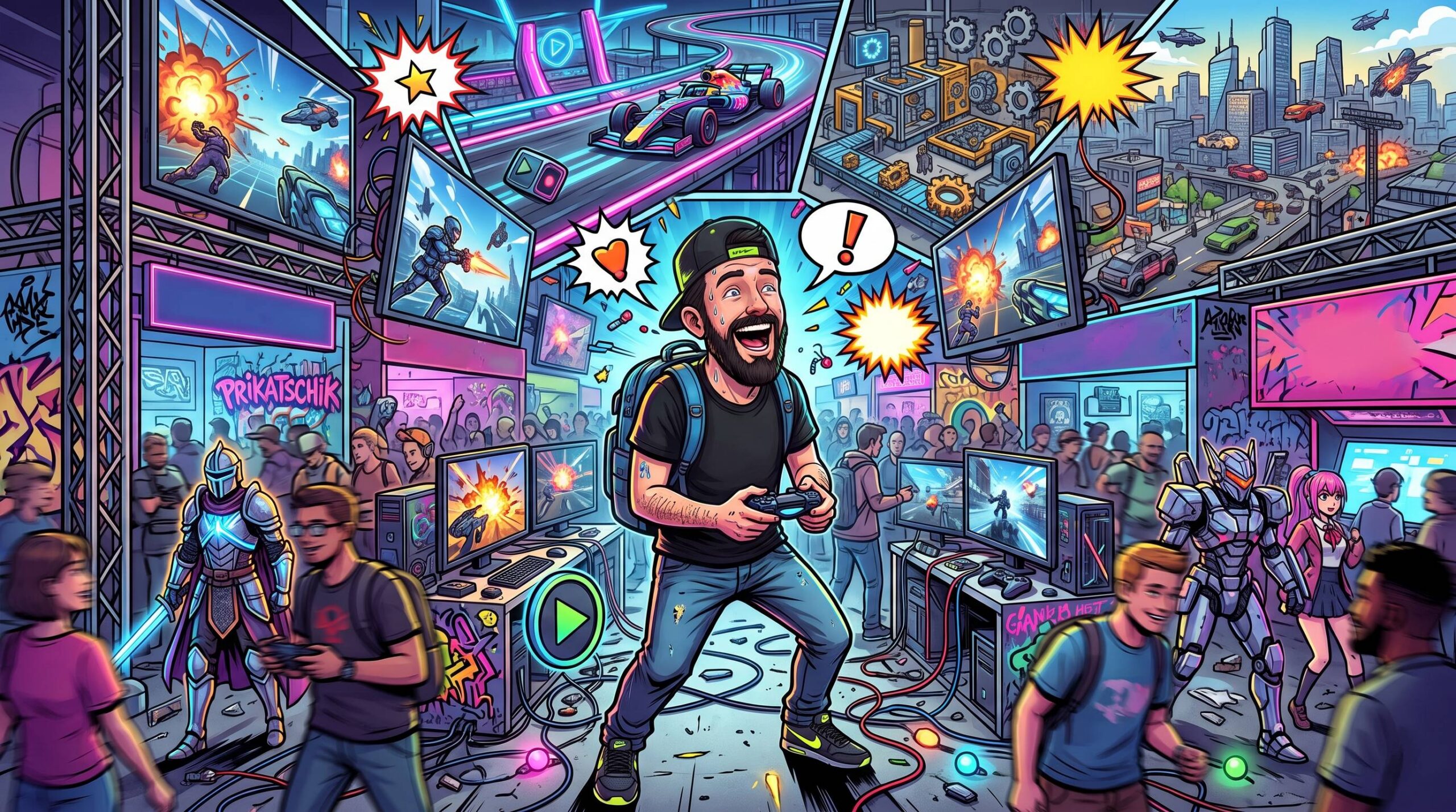 Comicartige Darstellung eines Gamers mitten im bunten und chaotischen Gamescom-Trubel mit Gaming-Hardware, Rennspiel- und Aufbauspiel-Anspielungen