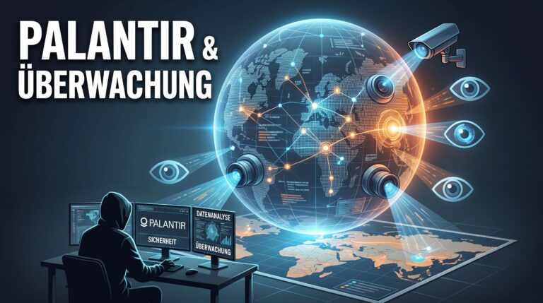 Symbolbild zur Massenüberwachung: Ein stilisierter digitaler Datenstrom verknüpft Personen-Silhouetten, Überwachungskameras und Netzwerkknoten auf einem dunklen, abstrakten Hintergrund.