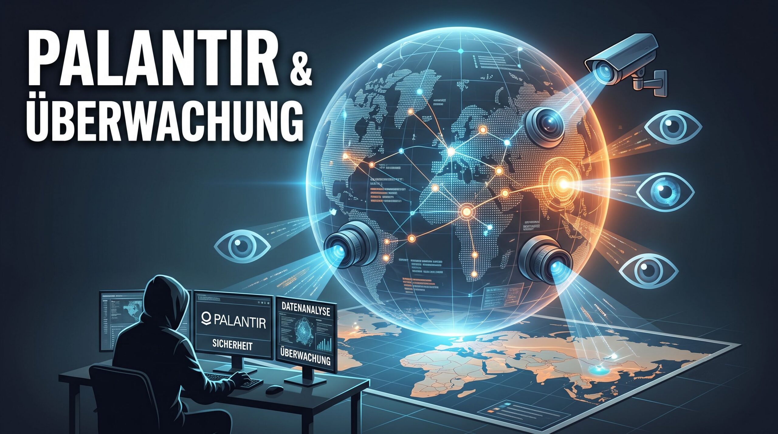 Symbolbild zur Massenüberwachung: Ein stilisierter digitaler Datenstrom verknüpft Personen-Silhouetten, Überwachungskameras und Netzwerkknoten auf einem dunklen, abstrakten Hintergrund.