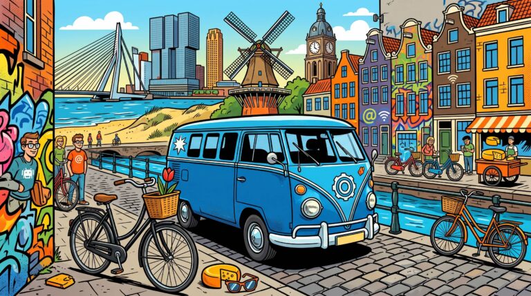 Comicartiger Roadtrip durch die Niederlande mit Auto, Omafiets, Rotterdam-Skyline, Windmühle und Nordsee