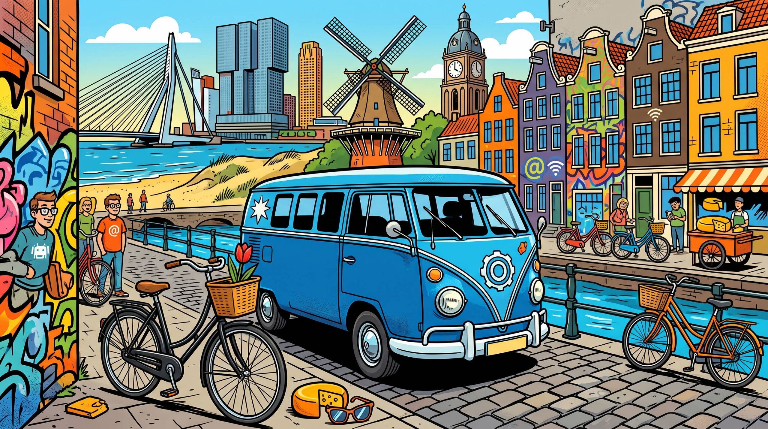 Comicartiger Roadtrip durch die Niederlande mit Auto, Omafiets, Rotterdam-Skyline, Windmühle und Nordsee