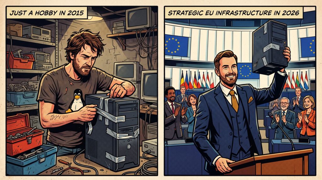 Ironische Pop-Art-Meme-Illustration zum Wandel von Open Source: Auf der linken Seite bastelt ein Linux-Nutzer im Keller mit Panzertape an einem Server („Hobby-Werkzeugkasten“), auf der rechten Seite wird derselbe Server in einem EU-Parlamentssaal von Politikern als strategische Sicherheitsinfrastruktur gefeiert.