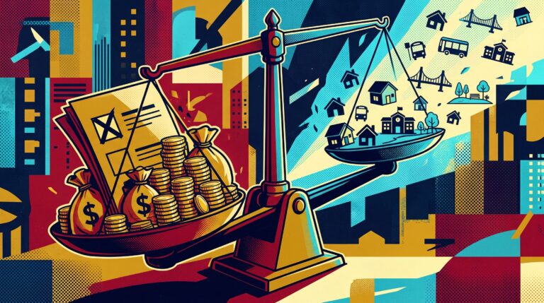 Plakative Pop-Art-Illustration im Stil eines politischen Magazin-Covers: Das Motiv zeigt eine dramatisch zur Seite geneigte Verteilungswaage. Auf der schweren Seite drückt ein riesiger Stimmzettel zusammen mit einem Stapel Münzen nach unten. Auf der leichten, aufsteigenden Seite schweben abstrakte Symbole für bezahlbares Wohnen, Nahverkehr und öffentliche Infrastruktur davon. Kräftige Farben wie Tiefrot, Senfgelb und Dunkelblau sowie starke Konturen visualisieren das Spannungsverhältnis zwischen Wahlergebnis, Geld und Daseinsvorsorge.