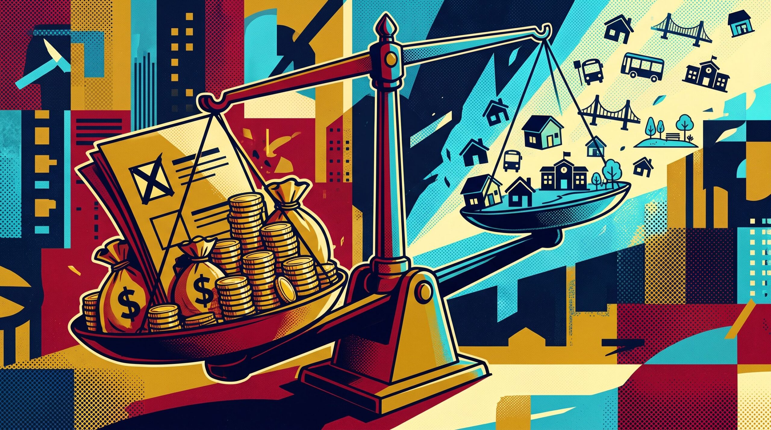 Plakative Pop-Art-Illustration im Stil eines politischen Magazin-Covers: Das Motiv zeigt eine dramatisch zur Seite geneigte Verteilungswaage. Auf der schweren Seite drückt ein riesiger Stimmzettel zusammen mit einem Stapel Münzen nach unten. Auf der leichten, aufsteigenden Seite schweben abstrakte Symbole für bezahlbares Wohnen, Nahverkehr und öffentliche Infrastruktur davon. Kräftige Farben wie Tiefrot, Senfgelb und Dunkelblau sowie starke Konturen visualisieren das Spannungsverhältnis zwischen Wahlergebnis, Geld und Daseinsvorsorge.