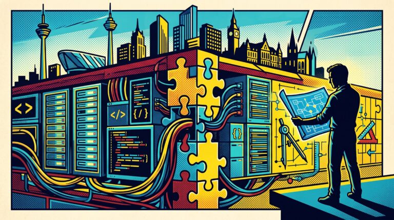 Symbolische Editorial-Illustration im Pop-Art-Stil zur digitalen Infrastruktur Europas: Ein stilisierter Querschnitt zeigt ein abstraktes Fundament unter einer Stadt, das aus modularen Serverracks, Code-Bausteinen und vernetzten Datenkabeln besteht. Im Vordergrund blickt die Silhouette eines Systemingenieurs mit Bauplänen auf die digitale Struktur. Starke Kontraste in Dunkelblau, Gelb und Cyan visualisieren die Absicherung des digitalen Fundaments.
