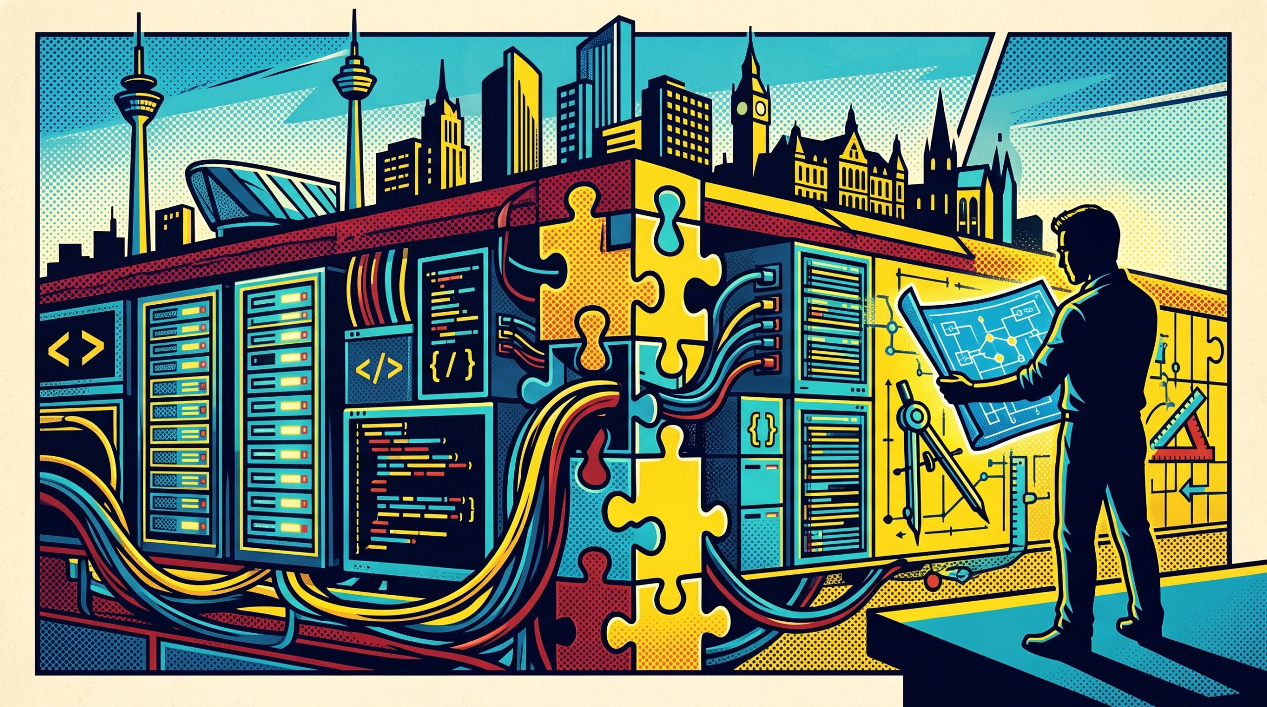 Symbolische Editorial-Illustration im Pop-Art-Stil zur digitalen Infrastruktur Europas: Ein stilisierter Querschnitt zeigt ein abstraktes Fundament unter einer Stadt, das aus modularen Serverracks, Code-Bausteinen und vernetzten Datenkabeln besteht. Im Vordergrund blickt die Silhouette eines Systemingenieurs mit Bauplänen auf die digitale Struktur. Starke Kontraste in Dunkelblau, Gelb und Cyan visualisieren die Absicherung des digitalen Fundaments.