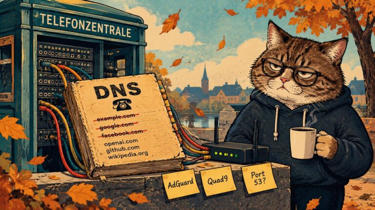 Katze mit Kaffeetasse vor einem alten DNS-Telefonverteiler mit durchgestrichenen Webadressen und Hinweisen auf AdGuard und Quad9 – humorvolle Illustration zu DNS-Filterung und Werbeblockierung.