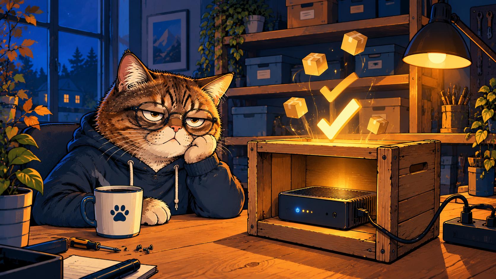 Katze mit runder Brille sitzt müde, aber zufrieden an einer Werkbank, vor ihr eine offene Holzkiste mit einem leuchtenden Mini-PC, über dem ein großes Häkchen schwebt.