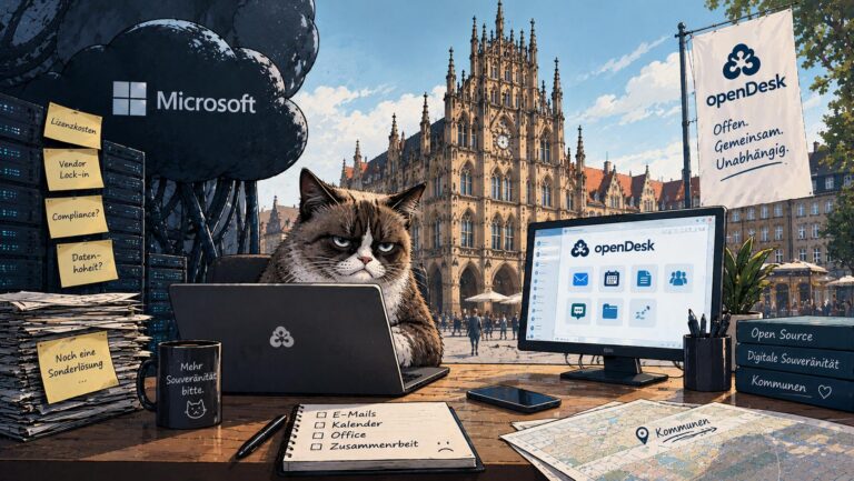 Grumpy Cat sitzt missmutig vor einem openDesk-Arbeitsplatz. Im Hintergrund ist ein historisches gotisches Rathaus zu sehen. Links symbolisieren Microsoft-Cloud und Server Lizenzkosten, Vendor Lock-in und Abhängigkeiten, rechts steht openDesk für digitale Souveränität und offene Software.